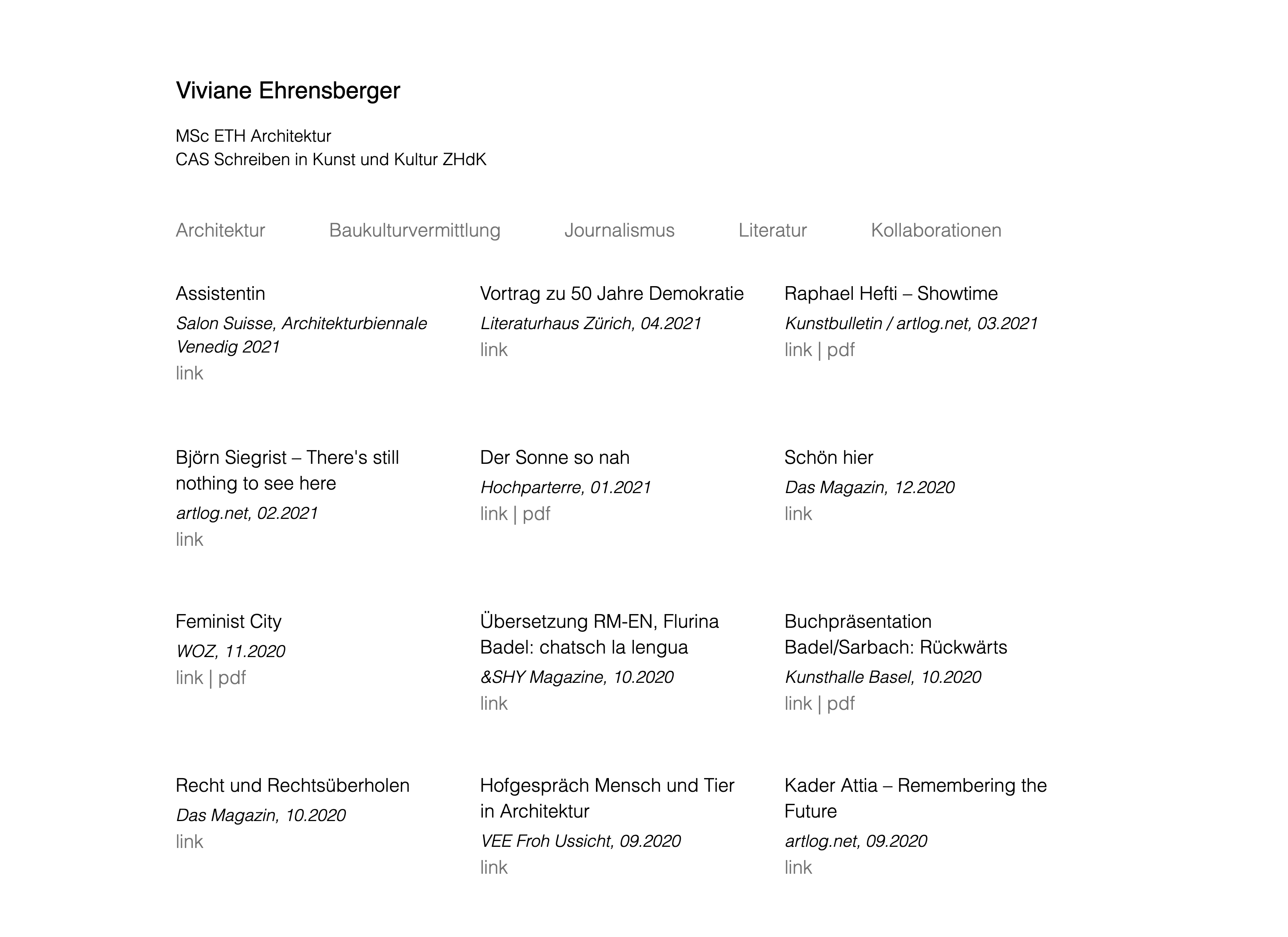 Screenshot of Viviane Ehrensberger's website
